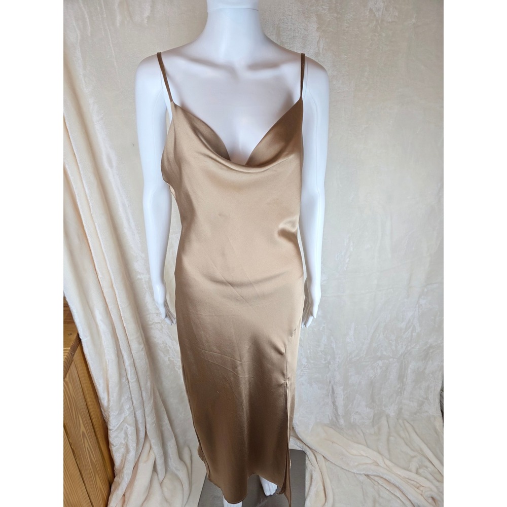 Satin Cowl Neck Midi Slip Dress‎ Gold Adjustable Straps Women's S